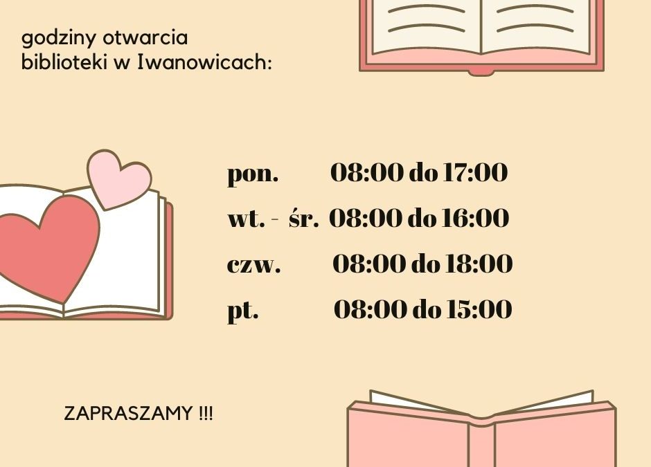 Zmiana godzin pracy biblioteki w Iwanowicach.