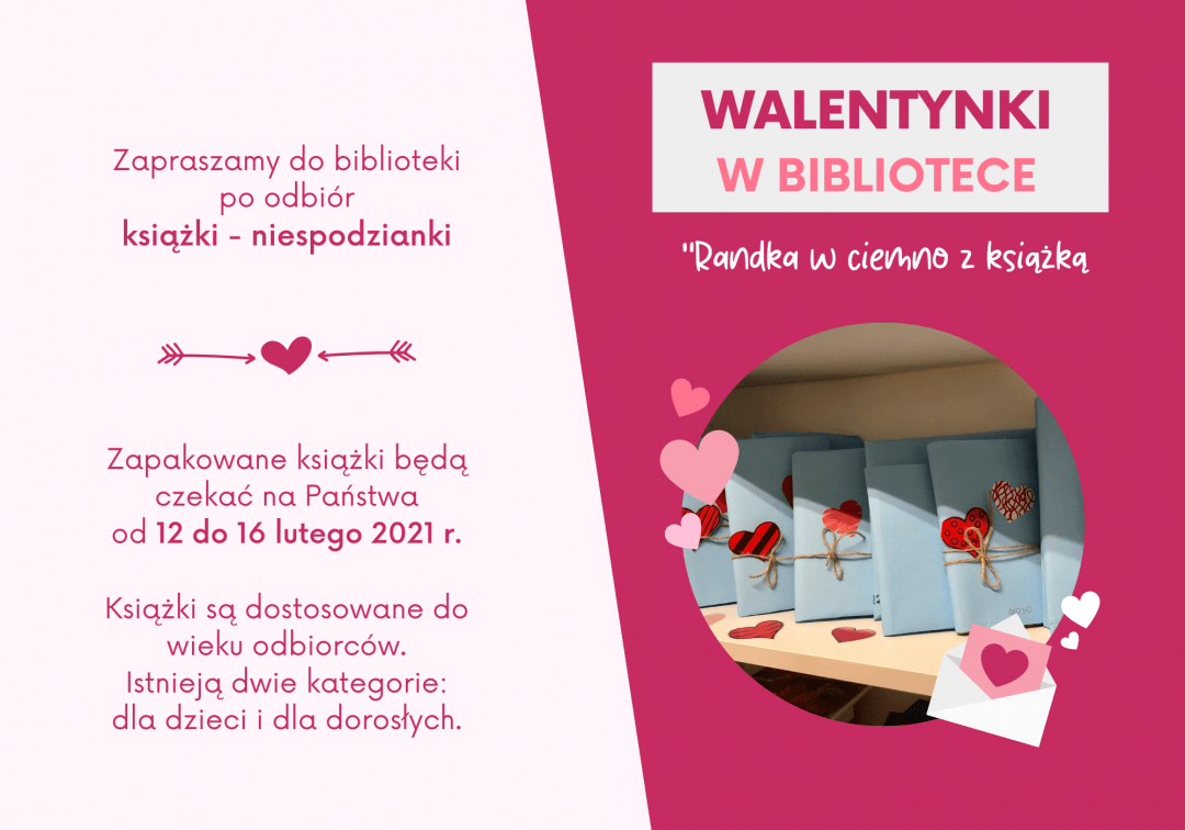 Plakat informacyjny o Walentynkach w bibliotece.