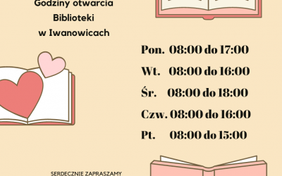 Zmiana godzin pracy BIBLIOTEKI w Iwanowicach.