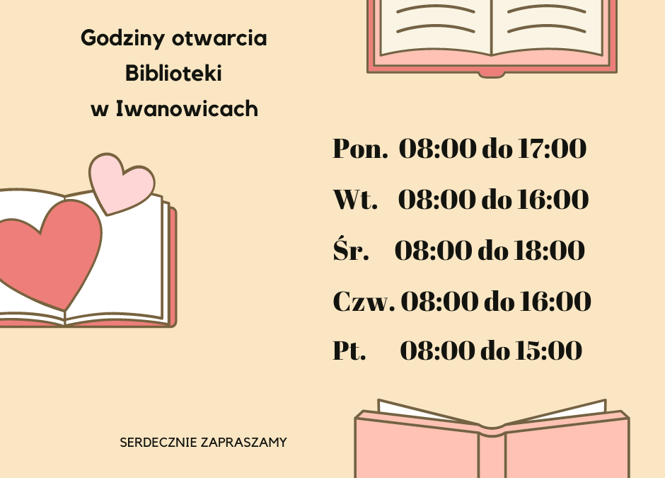 Zmiana godzin pracy BIBLIOTEKI w Iwanowicach.