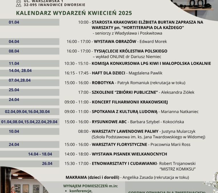 Kalendarz wydarzeń – kwiecień 2025 w Muzeum Regionalnym w Iwanowicach.