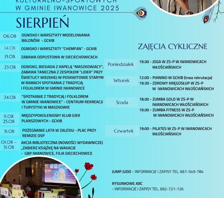 Kalendarz wydarzeń kulturalno – sportowych w Gminie Iwanowice – Sierpień 2025 r.