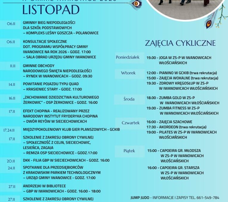 Kalendarz wydarzeń kulturalno – sportowych w Gminie Iwanowice – listopad 2025 r.