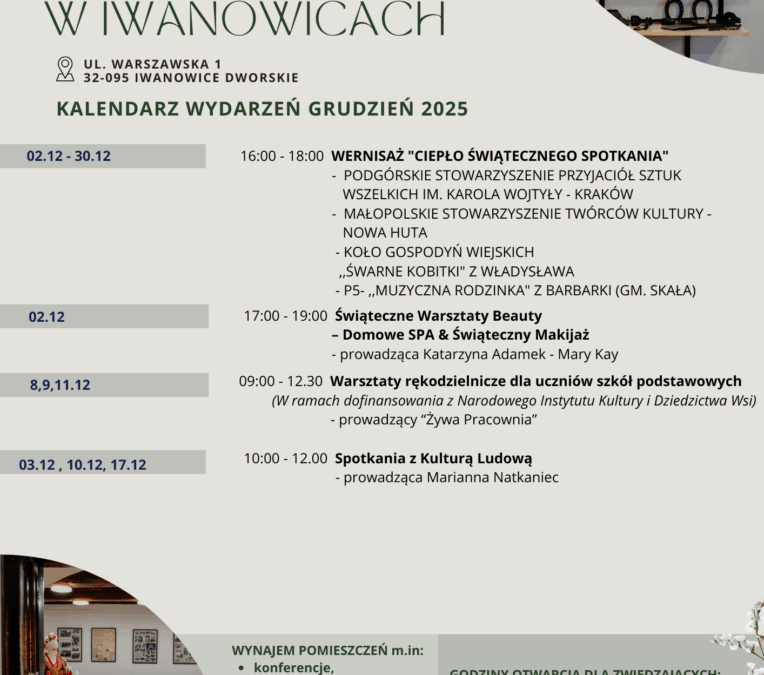 Kalendarz wydarzeń – grudzień 2025 w Muzeum Regionalnym w Iwanowicach!