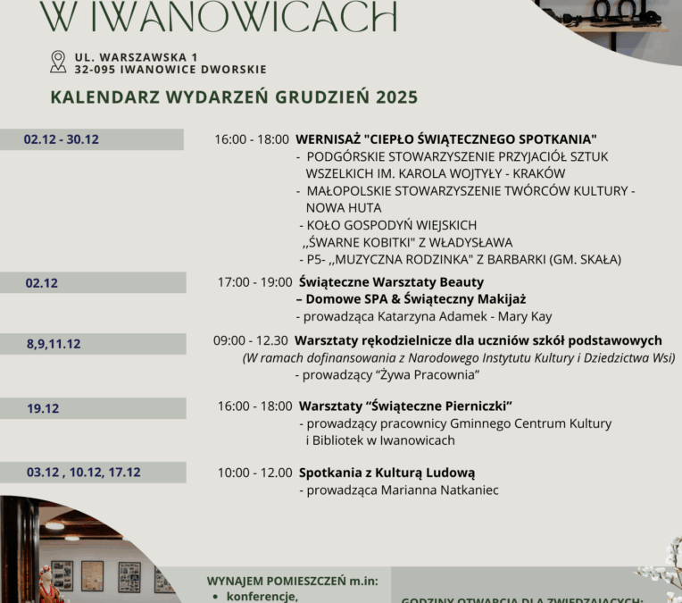 Kalendarz wydarzeń – grudzień 2025 w Muzeum Regionalnym w Iwanowicach!