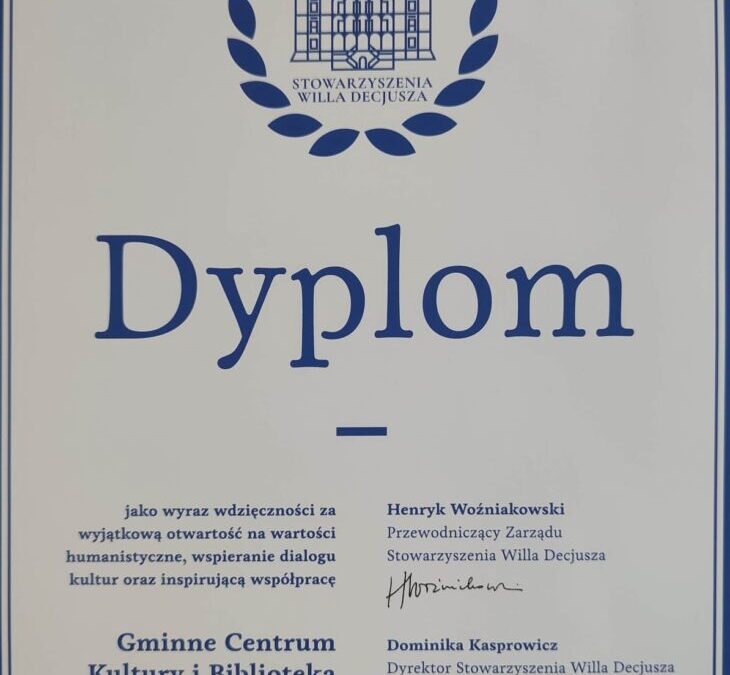 Dyplom uznania dla Gminnego Centrum Kultury i Bibliotek w Iwanowicach!