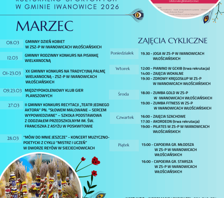 Kalendarz wydarzeń kulturalno-sportowych w Gminie Iwanowice – marzec 2026 r.
