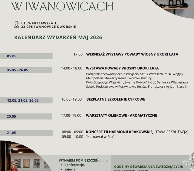 Kalendarz wydarzeń – maj 2026 w Muzeum Regionalnym w Iwanowicach!