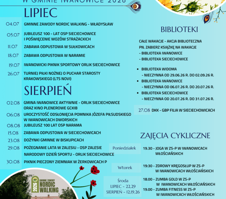 Kalendarz wydarzeń kulturalno-sportowych w Gminie Iwanowice – Lipiec – Sierpień 2026 r.